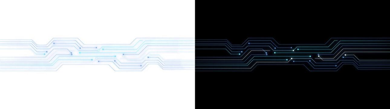 Circuit board pattern with glowing blue technology lines forming a horizontal banner border for design use in PNG, Transparent and Black Background Versions