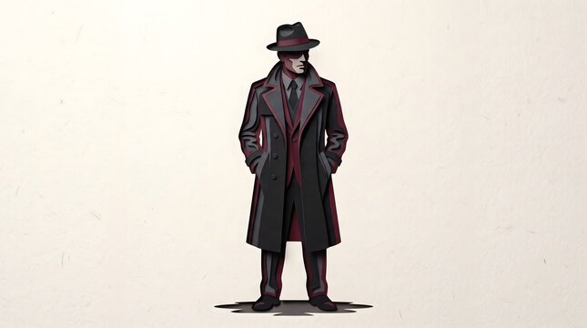 Mysterious gangster wearing a long trench coat and fedora hat
