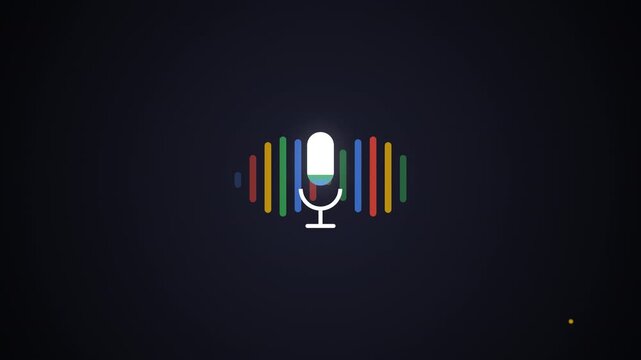 Colorful microphone icon with sound wave bars on dark background