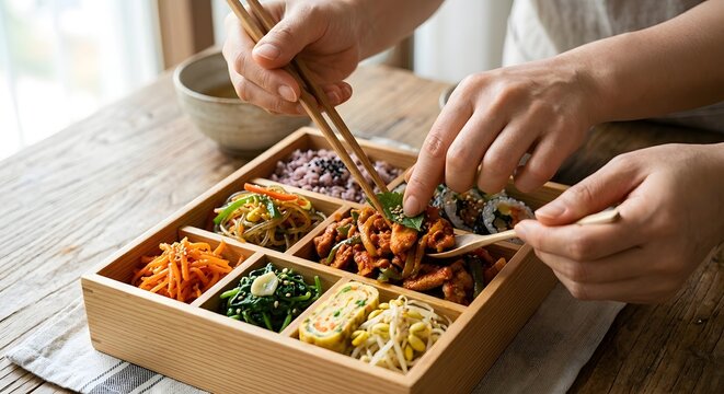 Person Using Wooden Chopsticks To Eat Korean Dosirak Lunch Box With Rice And Various Banchan Side Dish