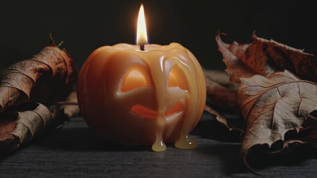 Pumpkin-shaped candle with melting wax and dried leaves on wood  
