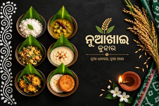 Nuakhai Juhar celebration featuring a traditional Odia khali with new rice, regional delicacies, pitha, paddy and leaf bowls, symbolizing harvest, gratitude and cultural heritage.