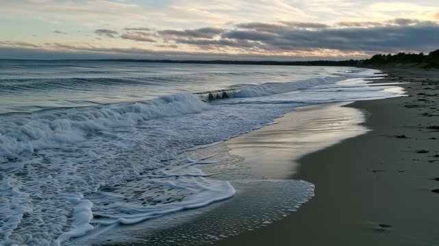 Calm beach with gentle waves and a sunset sky in the background  