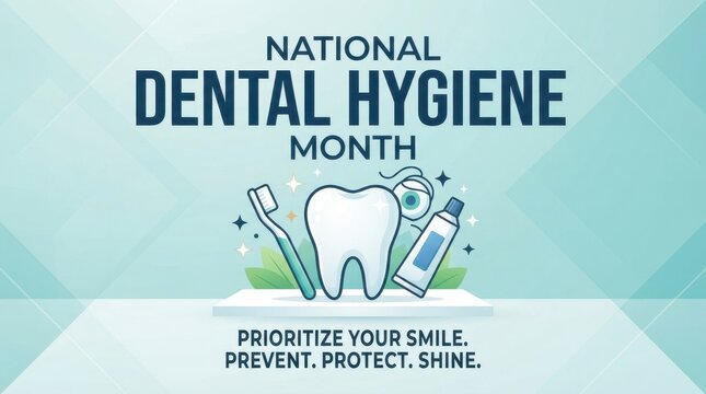 National Dental Hygiene Month poster with toothbrush, toothpaste, and tooth illustration