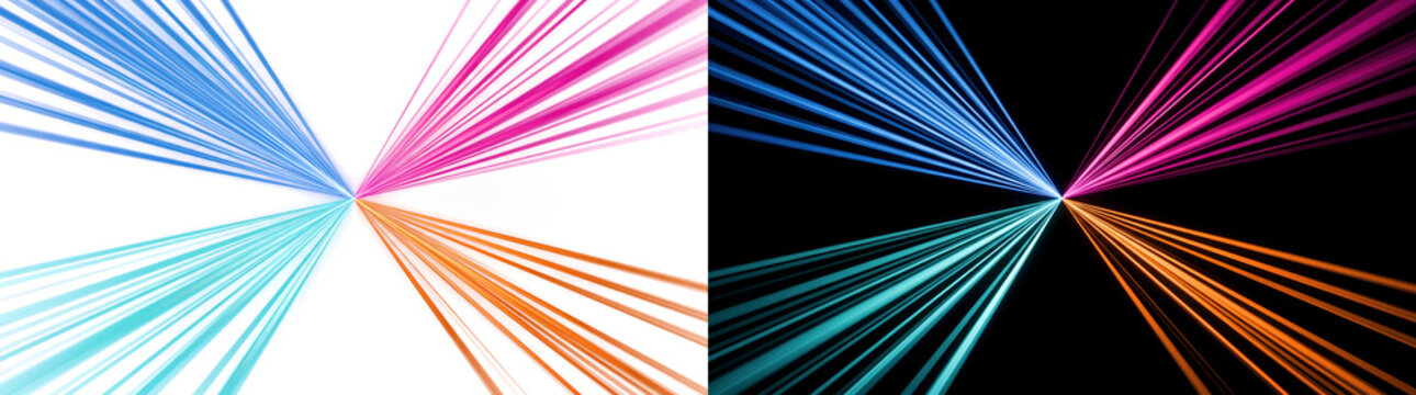 Colorful light ray effect with blue pink orange and teal beams radiating in four directions for design use in PNG, Transparent and Black Background Versions