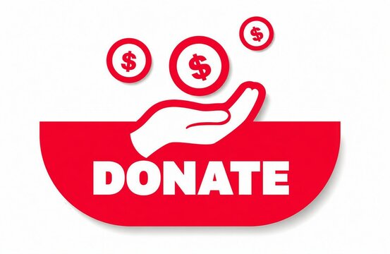 Hand dropping money coins into red donate bowl with donate text