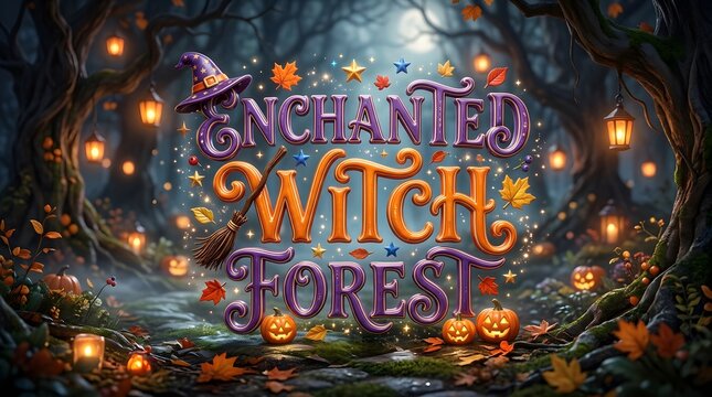 Halloween witch sign with glowing lights and spooky decorations in dark night scene