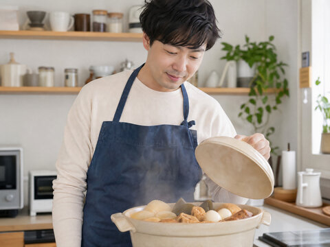 キッチンで土鍋の蓋を開けるエプロン姿の男性、温かい冬の料理風景