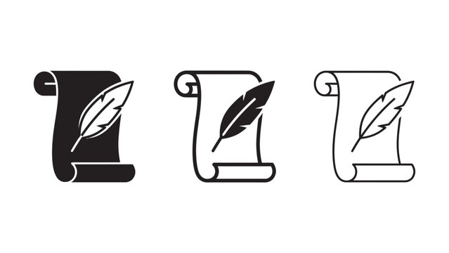 Quill pen and scroll icon, ancient writing or storytelling symbol.