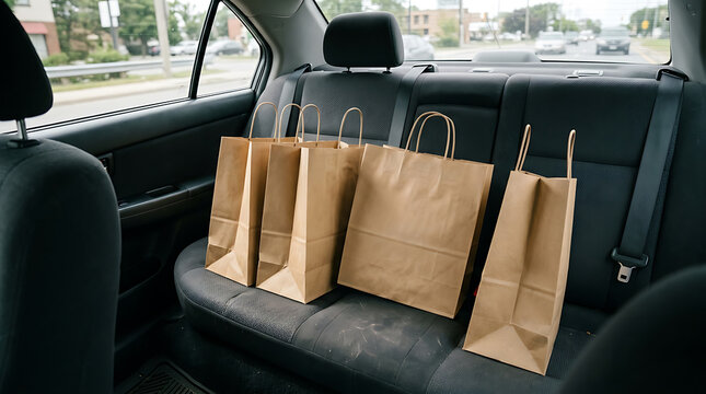Plain kraft paper shopping bags neatly arranged on the back seat of a car.