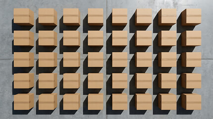 Obraz premium Overhead view of plain cardboard shipping boxes arranged in a perfect grid on a grey concrete floor.