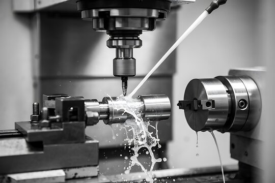Coolant fluid sprays over a rotating metal part during precision lathe turning.