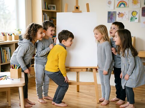 Diverse preschool children standing by a blank canvas easel in a kindergarten art classroom