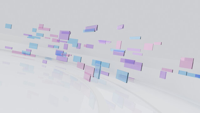 Abstract 3D Geometric Background with Floating Blue and Purple Rectangles on White Surface for Corporate Tech Presentation and Web Design