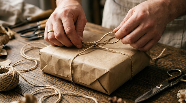 Hands carefully tying natural twine around a rustic kraft paper parcel on a warm wooden table.