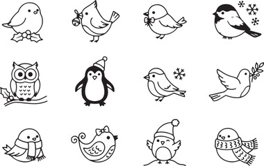 Obraz premium Drawn Birds Set with Winter Elements, Festive Icons, and Doodle Illustrations