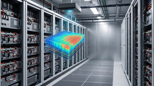 Battery energy storage room with server racks and a floating 3D holographic thermal heatmap