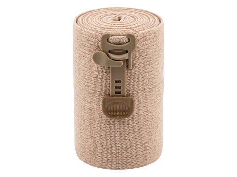 Elastic compression bandage roll with sturdy plastic fastening for wound care on transparent background
