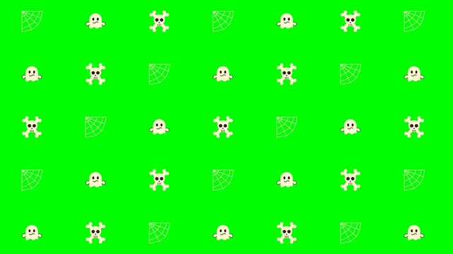 halloween pattern with cute ghost skull crossbones and spiderweb icons on green screen background