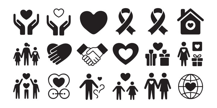 Volunteer and social care concept icons with hearts families ribbons and helping hands vector graphic.