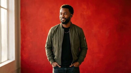 Fototapeta premium Stylish Black Man Posing Confidently Against a Vibrant Red Textured Wall.