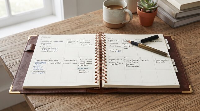 Open leather bound planner with January calendar and to do list on wooden desk