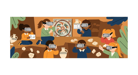 Fototapeta premium Diverse children using VR headsets to explore archaeology and historical artifacts illustration