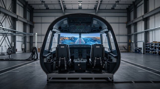 Flight simulator cockpit inside an empty industrial hangar displaying digital terrain flight path