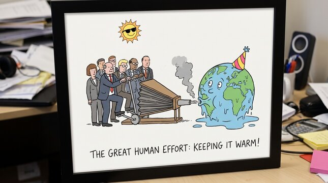 Satirical illustration showing human activity accelerating global warming, with people using machinery to heat an overheating Earth. Concept of climate change caused by human actions