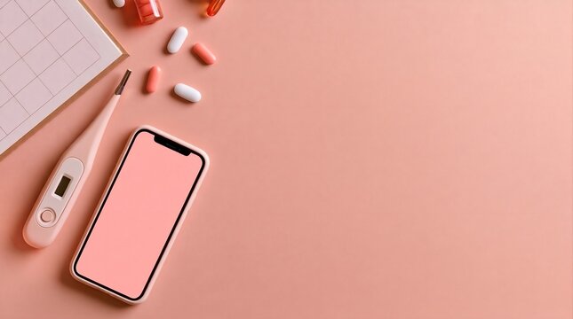 Smart basal thermometer, stylish calendar, vitamins, and smartphone mockup on peach-colored background. Fertility tracking, reproductive medicine concept. Flat lay for banner with copy space
