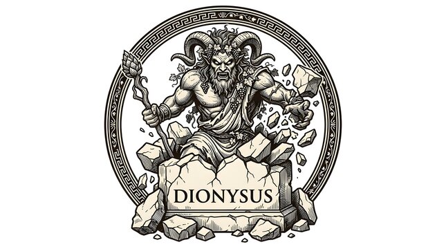 Dionysus Mythology Emblem Illustration on Circular Crest.
