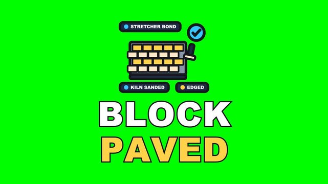 4K green screen BLOCK PAVED animated text - the blocks going down course after course and sanded in, kinetic typography driveway overlay for paving content, chroma key