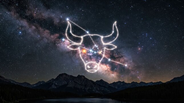 Taurus Constellation Illuminated Against a Starry Night Sky Over Mountains.
