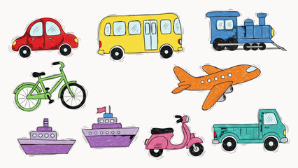 Fototapeta premium Collection of colorful hand-drawn vehicles for children's transportation themes