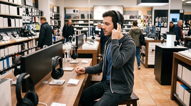 Man trying on headphones in electronics store