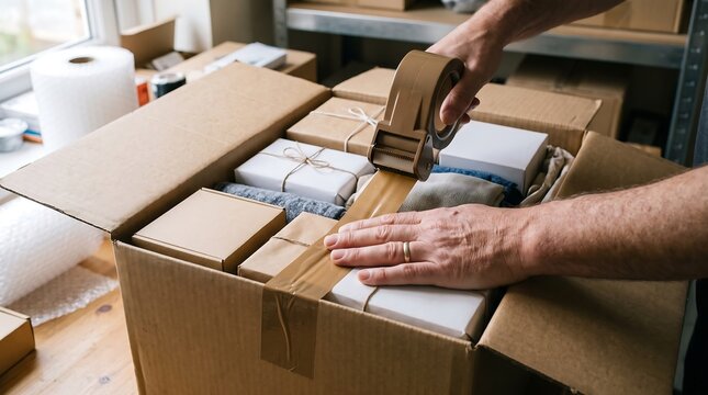 Hands taping a cardboard box filled with packages and bubble wrap for shipping