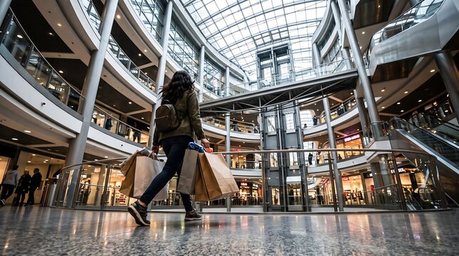 Woman carrying shopping bags in a modern multi level shopping mall