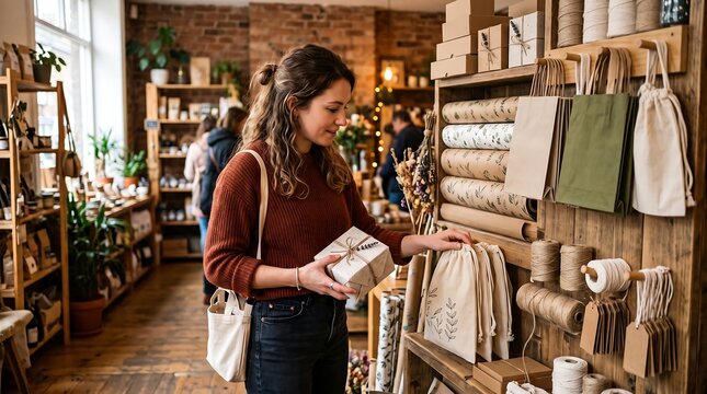Woman shopping for eco friendly gift wrapping supplies in a sustainable store