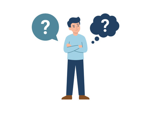 Confused young man standing with arms crossed thinking with question mark speech bubbles around his head