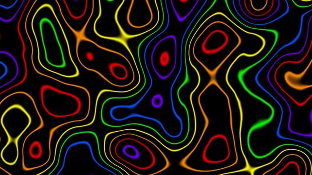 Neon organic contour map with pulsing rings and flowing outlines, glowing over deep black background with layered color bands, ripple