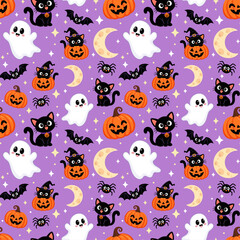 Obraz premium Cute Halloween Seamless Pattern with Black Cats Ghosts Pumpkins Bats and Moons on Purple Background