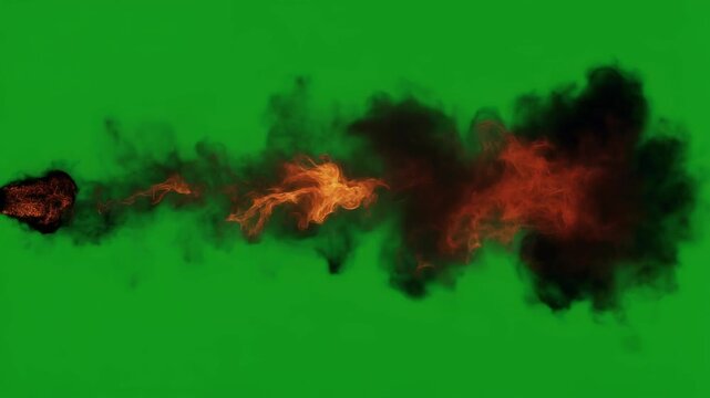 Realistic flamethrower fire effect and black smoke trail on green screen background