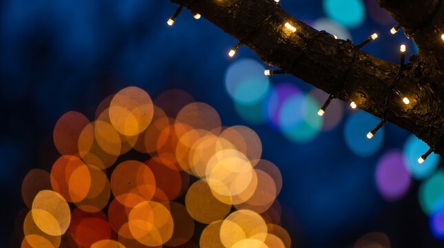 Warm string lights on tree branch with colorful bokeh background at night