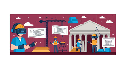 Naklejka premium Workers using VR headsets to construct a classical building on a digital site.