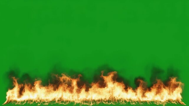 Realistic Row of Blazing Fire Flames Isolated on Chroma Key Green Background for VFX