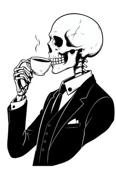 Esqueleto con traje elegante tomando una taza de caf&eacute;. Calavera con corbata trajeado bebiendo t&eacute; caliente. Esqueleto con cr&aacute;neo. Ilustraci&oacute;n simple en blanco y negro. Vista de perfil sin fondo