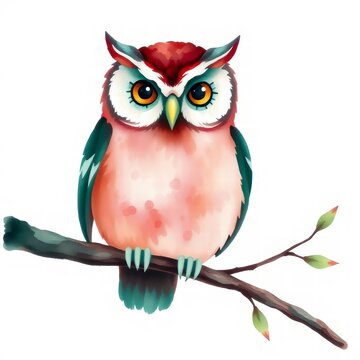 Cute watercolor owl perched on a tree branch illustration