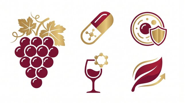 Resveratrol Antiaging Wellness Flat Vector Icon Set