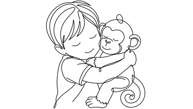 Child Hugging Monkey white background.