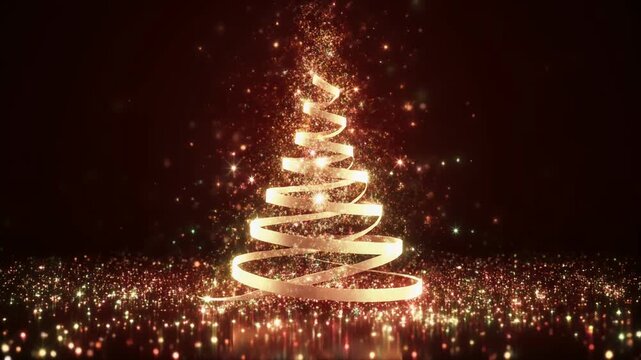 きらめく粒子へと分解するリボンのクリスマスツリー